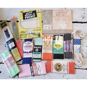 Lot NEW vintage sewing items repair renew pocket dress shields bias tape zippers